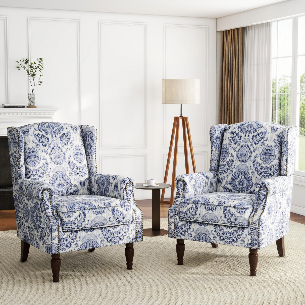 UIXE Floral Accent Chair, High Back Pattern Arm Chair for Living Room, Traditional Fabric Armchair Comfy Upholstered Sofa Reading Seat with Nailhead Trim & Retro Wood Legs - Navy UIXE