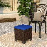 Outsunny 2 Pieces Outdoor Patio Ottomans, All Weather Wicker Outdoor Footstools with Removable Cushions, 3-in-1 PE Rattan Ottoman Seat, Footrest and Side Table for Backyard, Poolside, Dark Blue Outsunny