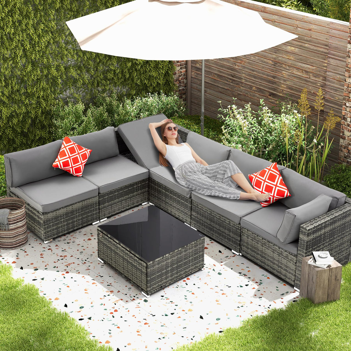 HOMREST 7 Piece Patio Furniture Set with Adjustable Bracket All-Weather Wicker Conversation Set with Coffee Table for Porch Garden Backyard (Gray) HOMREST