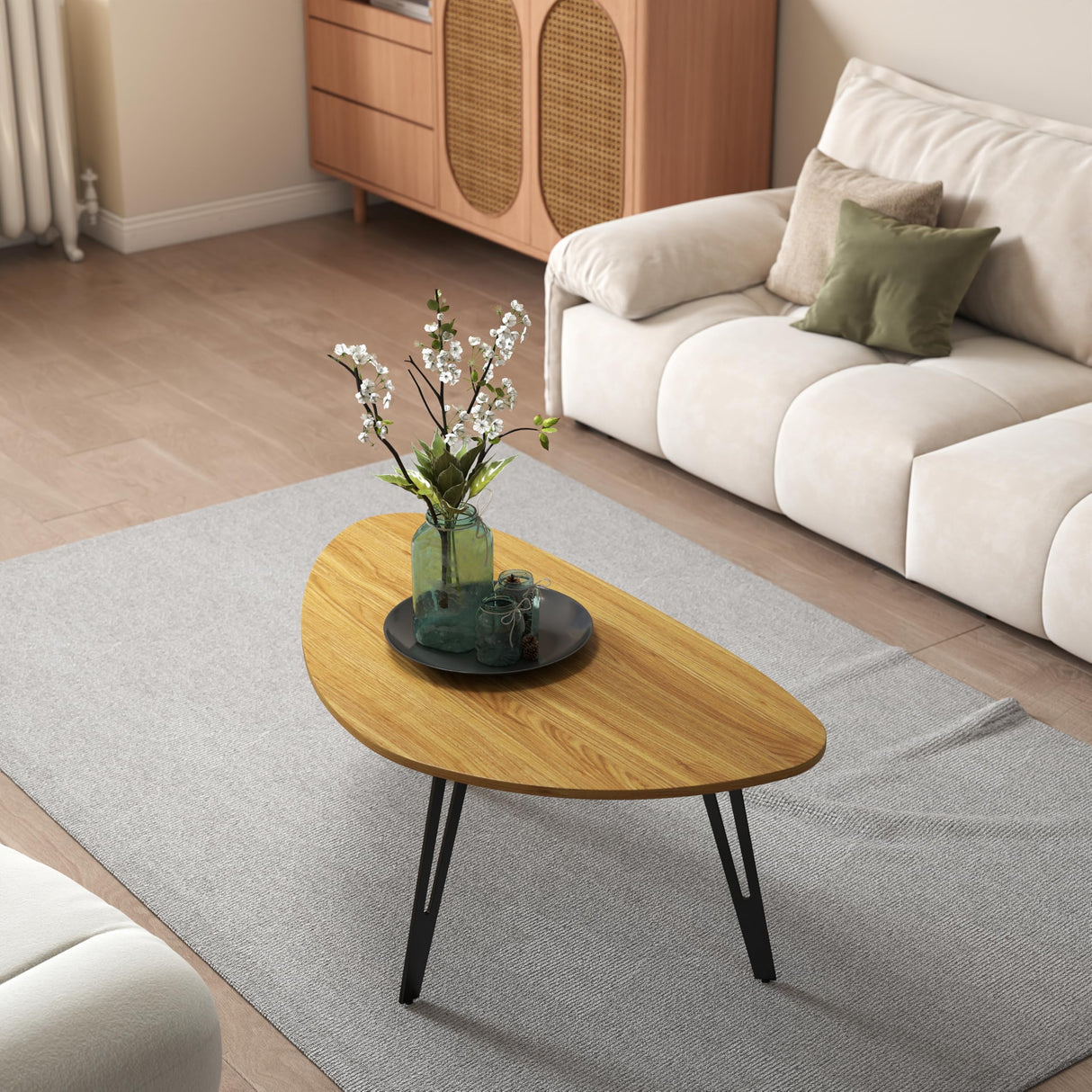 Manora Modern Mid Century Coffee Table, Oval Triangle Wood Center Table with Sturdy Metal Legs, Stylish Living Room Accent Table for Small Spaces Manora