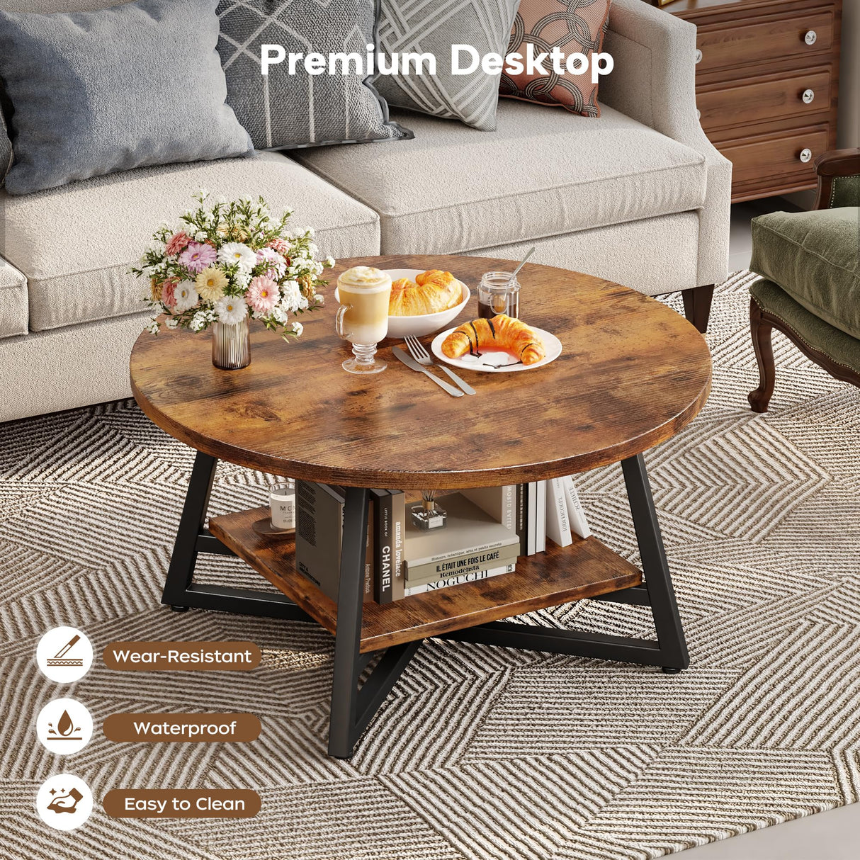 Round Coffee Table, Small Circle Coffee Table with Storage, Modern Wood Round Center Table for Living Room, Home Office, Small Space, Easy Assembly, Rustic Brown Homeiju