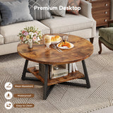 Round Coffee Table, Small Circle Coffee Table with Storage, Modern Wood Round Center Table for Living Room, Home Office, Small Space, Easy Assembly, Rustic Brown Homeiju
