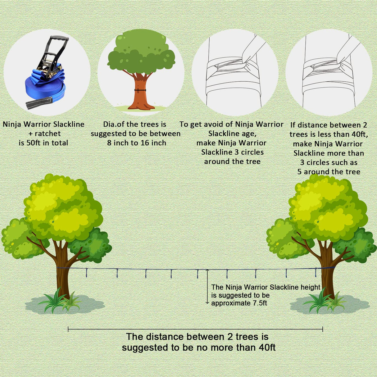 Rainbow Craft Ninja Warrior Obstacle Course for Kids - 50ft Slackline, 12 Removable Buckle Loops, 12 Ninja Attachments, Outdoor Training Equipment Rainbow Craft
