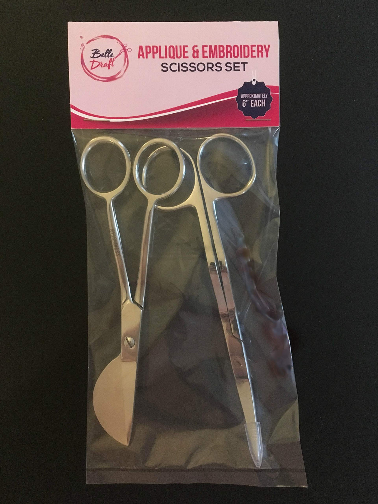 6 Inch Stainless Steel Applique Duckbill Scissors Blade with Offset Handle & 6 Inch Machine Embroidery Double Curved Scissors Bundle Belle Draft