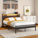 BOFENG Full Size Metal Bed Frame with Storage Headboard, LED Lights, and Charging Station BOFENG