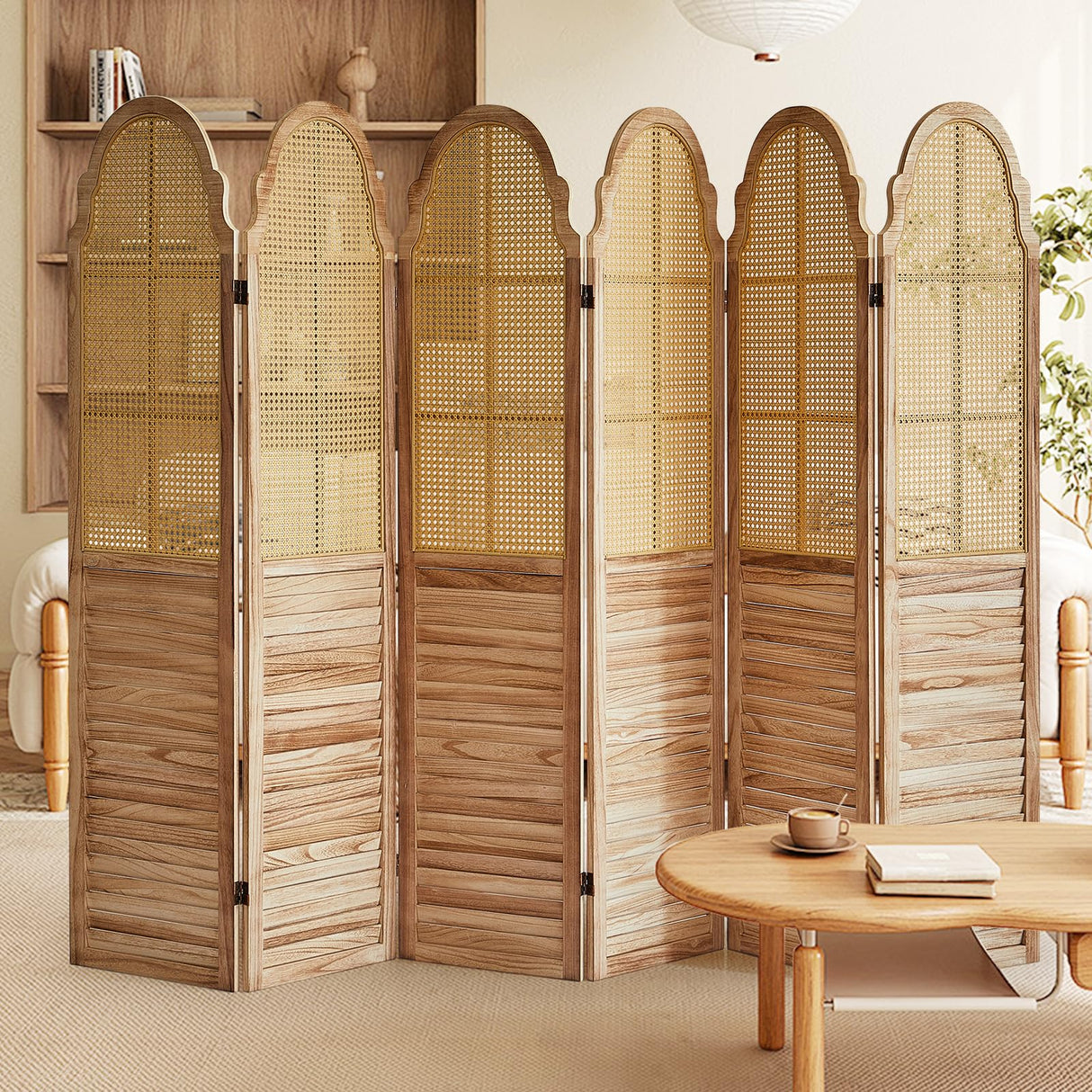 Asnefeli 6 Panels Room Divider Screen, Rustic Rattan Room Divider, Wood Folding Privacy Screen, Foldable Wood Divider Wall, Portable Partition Panel, Wall Divider for Room Separation (Natural) Asnefeli