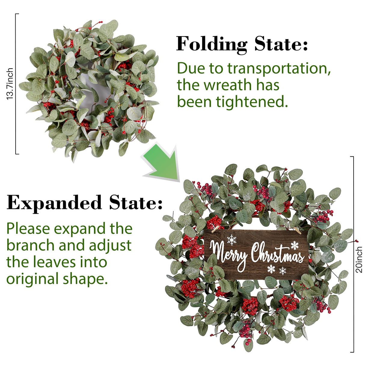 Sggvecsy 18 Inch Artificial Christmas Wreath for Front Door Xmas Red Berry Wreath Winter Glitter Eucalyptus Wreath Christmas Hanging Decorations for Wall Home Window Holiday OutdoorDecor Sggvecsy