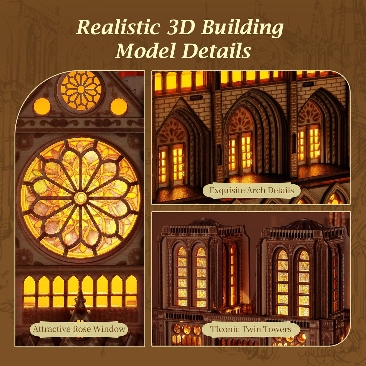 FUNPOLA LED 3D Wood Puzzle - Notre Dame de Paris Architecture Model-Night Edition with LED Lighting- DIY Building Model Craft Kit, Architecture Building Set FUNPOLA