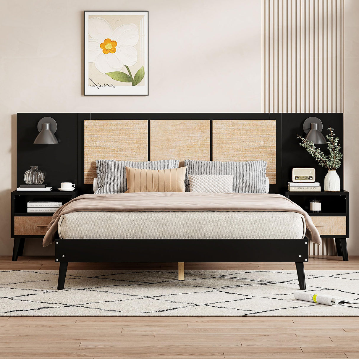 Queen Size Platform Bed Frame with 2 Nightstands, Wooden Queen Bed Frame with Lamps, Elegant Design, Rattan and Wood Combination, Black Harper & Bright Designs
