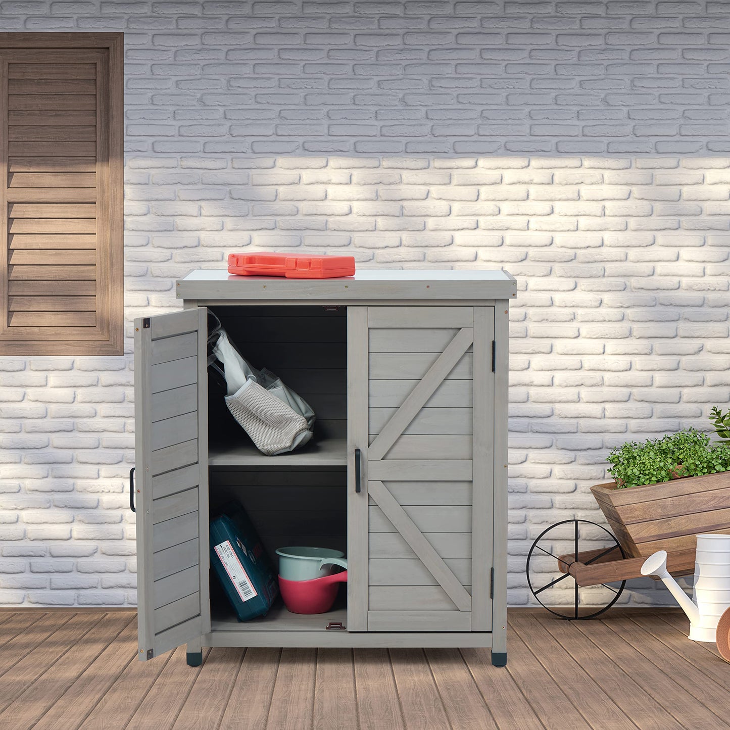 Outdoor Potting Bench with Storage Cabinet and Metal Top, Wood Workstation for Outdoor Patio, Garden