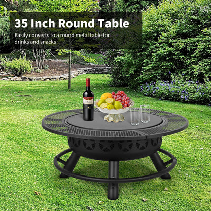 Hykolity 35 Inch Fire Pit with 2 Cooking Grate & Charcoal Pan, Outdoor Wood Burning BBQ Grill Firepit Bowl with Cover Lid, Steel Round Table for Backyard Bonfire Patio Picnic