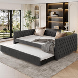 KEIKI Full Size Upholstered Daybed, Tufted Sofa Bed Frame with Trundle, Corner Day Beds Full for Living Room, Bedroom and Guest Room, No Box Spring Needed, Button & Copper Nail on Square Arms, Gray KEIKI