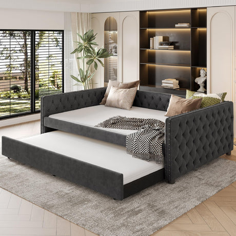 KEIKI Full Size Upholstered Daybed, Tufted Sofa Bed Frame with Trundle, Corner Day Beds Full for Living Room, Bedroom and Guest Room, No Box Spring Needed, Button & Copper Nail on Square Arms, Gray KEIKI