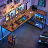 Huuger L Shaped Desk, 63 Inches Computer Desk with Reversible Storage Shelves, Gaming Desk, Corner Desk Home Office Desks, Writing Desk Study Desk with Metal Frame, Rustic Brown Huuger