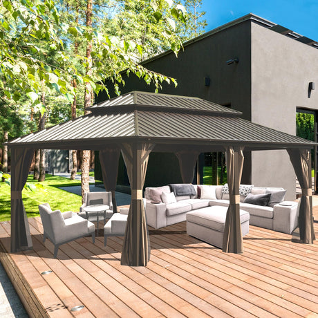 Domi 12' X 18' Hardtop Gazebo, Aluminum Metal Gazebo with Galvanized Steel Double Roof Canopy, Curtain and Netting, Permanent Gazebo Pavilion for Party, Wedding, Outdoor Dining, Brown domi outdoor living