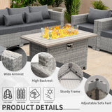 WAROOM Patio Furniture Set 6 Piece Grey Wicker Outdoor Furniture Patio Sectional Sofa Couch PE Rattan Conversation Sets with Fire Pit Table, Grey cushion WAROOM