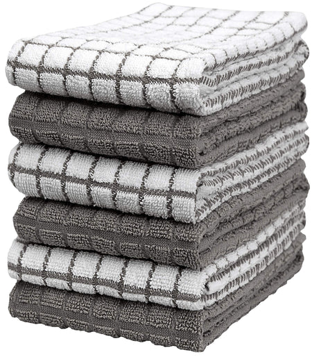 Kitchen Towels 16"x 28" | Dish Towels | Kitchen Hand Towels | Large Dishcloths Set | Highly Absorbent Tea Towel, Soft with Hanging Loop | Natural Ring Spun Cotton, 380 GSM | Gray Check Design - 6 Pack Bumble Towels