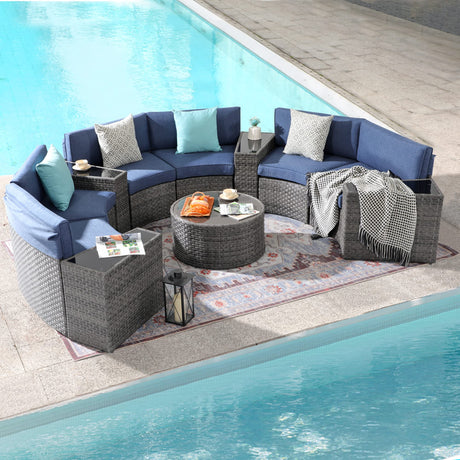 SUNSITT Outdoor Patio Furniture 11-Piece Half-Moon Sectional Round Patio Furniture Set Curved Outdoor Sofa with Tempered Glass Round Coffee Table, 4 Pillows, Grey Rattan & Denim Blue Cushion SUNSITT