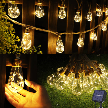 Solar Outdoor String Lights, 20Ft Vintage Rope Hemp Solar Patio Lights, Waterproof Warm White Solar Powered String Lights With 8 Modes 16 Shatterproof Bulbs for Garden Fence Stairs Balcony Café Bistro Jnaurb