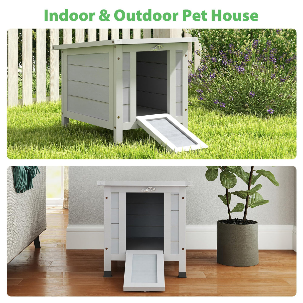 COZIWOW Rabbit Hutch, Outdoor Cat House Weatherproof, Bunny Cage Indoor with Openable, Portable Small Animals Shelters with Nonslip Ramp for Hideout Rabbits/Feral Cats/Chicken/Duck/Small Animals-Gray COZIWOW