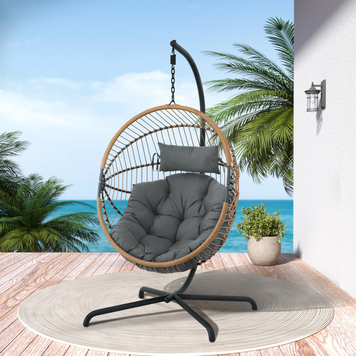 GREEN MORE Oversized Egg Swing Chair with Stand, Hanging Swing Chair, Foldable Hammock Chair with Steel Frame, 350LBS Capacity for Patio Garden Bedroom, Beige GREEN MORE
