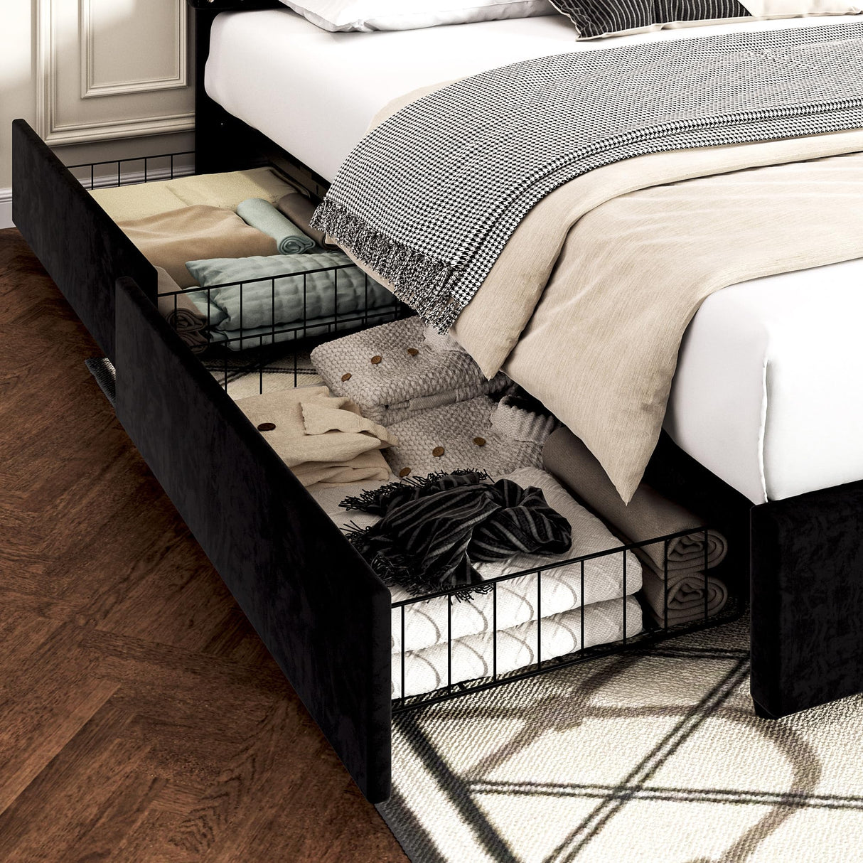 VECELO Full Size Upholstered Platform Bed Frame with 4 Storage Drawers, Adjustable Velvet Rivet Decor Headboard, Wooden Slats Support, No Box Spring Needed, Easy Assembly VECELO