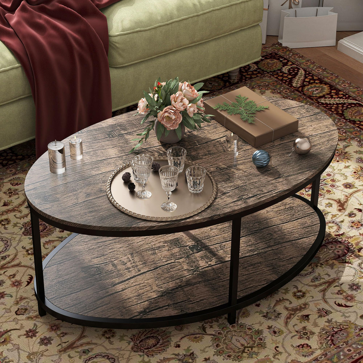 ROCSUMOO 43.3”Oval Coffee Table for Living Room, 2-Tier Coffee Table with Open Storage Shelf, Modern Wooden Side Table for Bedroom Home Office (Oval, Walnut) ROCSUMOO