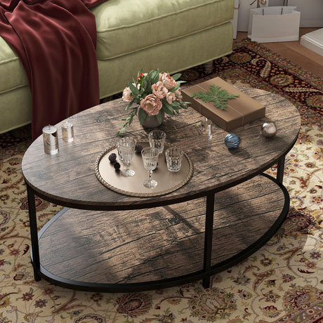 ROCSUMOO 43.3”Oval Coffee Table for Living Room, 2-Tier Coffee Table with Open Storage Shelf, Modern Wooden Side Table for Bedroom Home Office (Oval, Walnut) ROCSUMOO