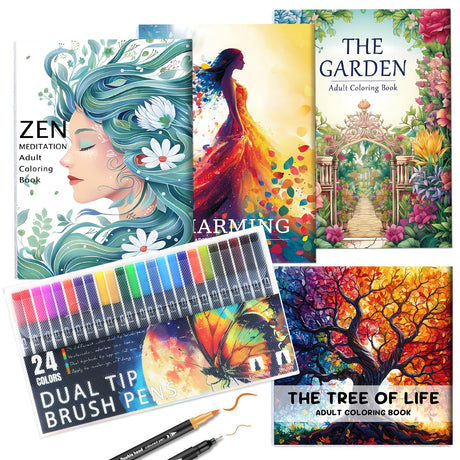 Adult Coloring Book for Women Relaxation, Mindfulness Coloring Book with 24 Dual Tip Markers, Stress Relief Gifts for Women with 128 Patterns Include Tree Garden Zen Meditation Style (4 Pack) apolyone