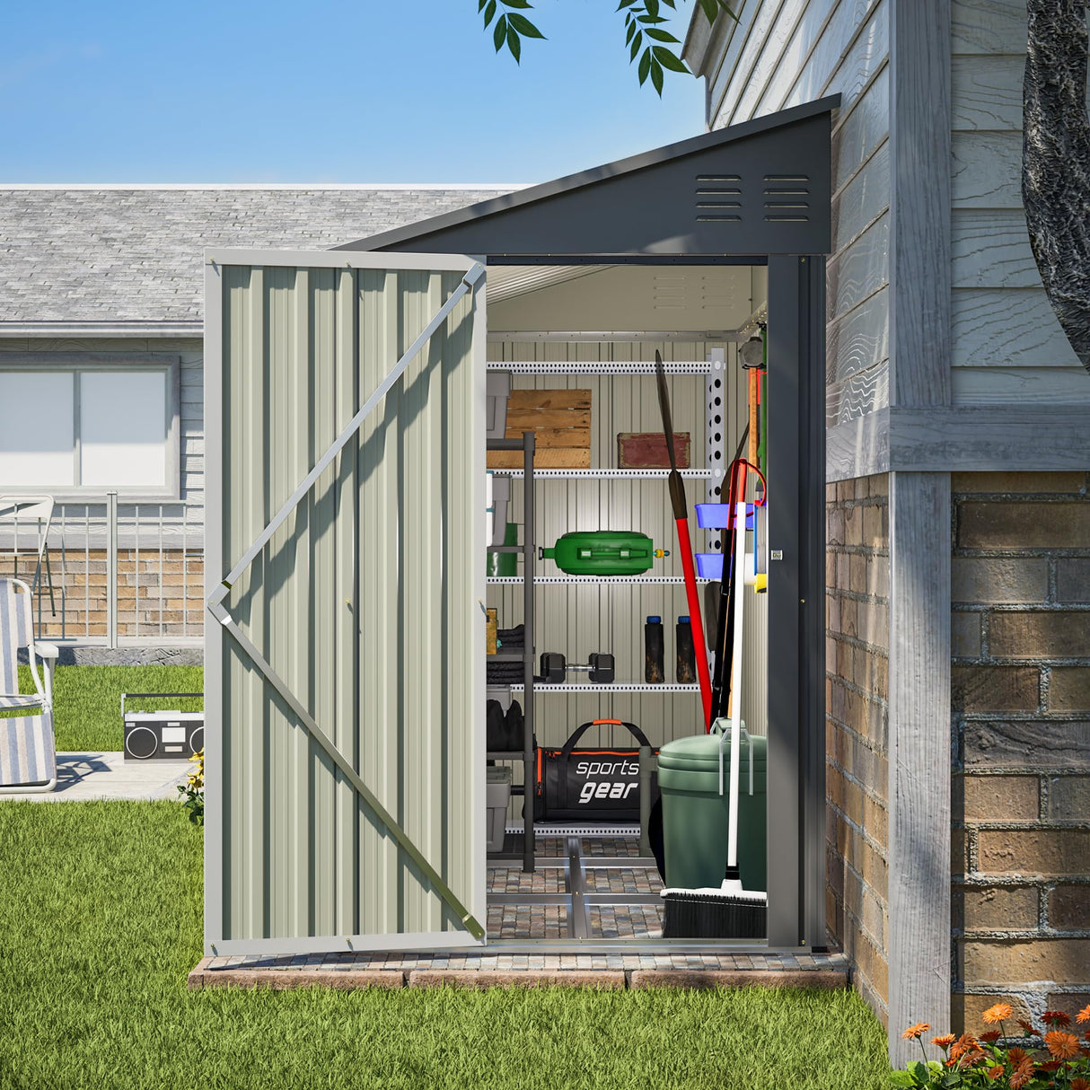 YOPTO 4x8 FT Lean to Metal Shed,Outdoor Storage Shed W/Floor Frame & Reversible Installation,All Weather Waterproof Garden Tool House W/Lockable Door & 2 Air Vents,for Backyard,Patio,Lawn,Gray YOPTO