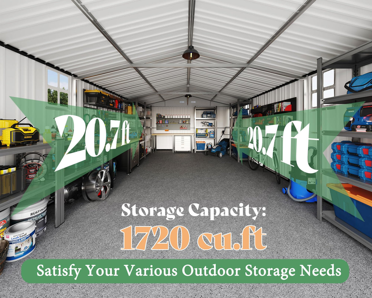 AMERLIFE 13.2x21x8 FT Outdoor Storage Shed, Huge Metal Garage Shed with 2 Double Hinged 4 Windows and Doors, Carport for Car, Truck, Bike, Garbage Can and Lawnmower, Dark Grey AMERLIFE