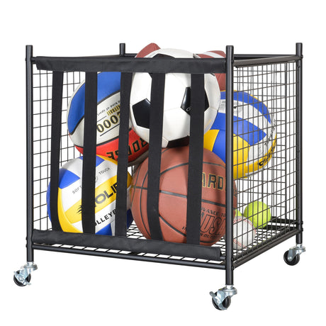 Snail Sports Ball Storage Rolling Cart Lockable Sports Ball Storage Rack with Elastic Straps, Stackable Ball Cage for Garage Storage Organizer, Compact Size But Functional, Matt Black Snail