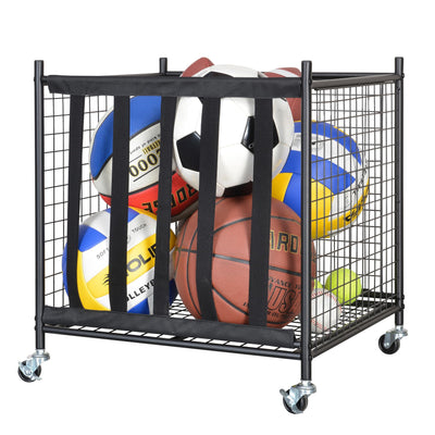 Snail Sports Ball Storage Rolling Cart Lockable Sports Ball Storage Rack with Elastic Straps, Stackable Ball Cage for Garage Storage Organizer, Compact Size But Functional, Matt Black
