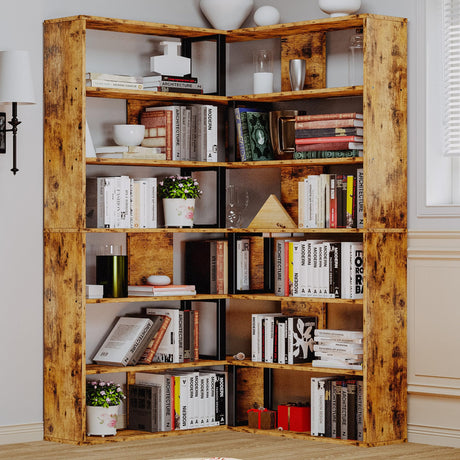 IRONCK Bookshelves 6-Tier with Industrial Large Corner Etagere Shelf Bookcases Display Storage Shelves for Home Office, Living Room, Bed Room, Vintage Brown IRONCK