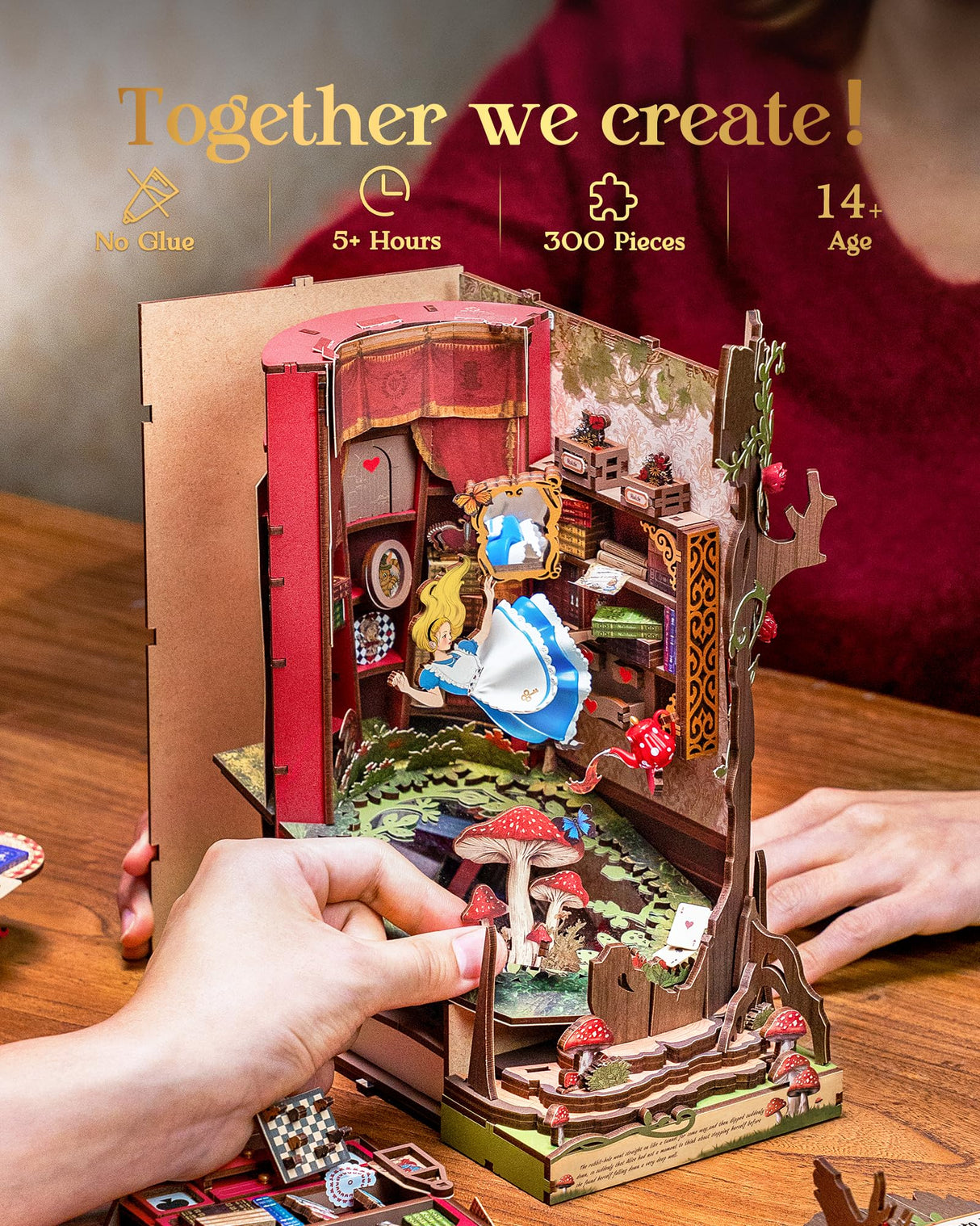 Rolife Book Nook Kit Fall into Wonder DIY Miniature Kit, 9.9" Tree Hollow Booknook 3D Wooden Puzzle with LEDs Fairy Tale Bookshelf Decor Gift for Adults & Teens Rolife