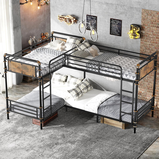 Mirightone Quad Bunk Bed, Heavy Duty Metal 4 Bunk Beds for Kids with Ladders, Detachable Industrial L-Shaped Bunk Beds, Space Saving Design,Can Be Divided Into 3 Twin Beds, Black