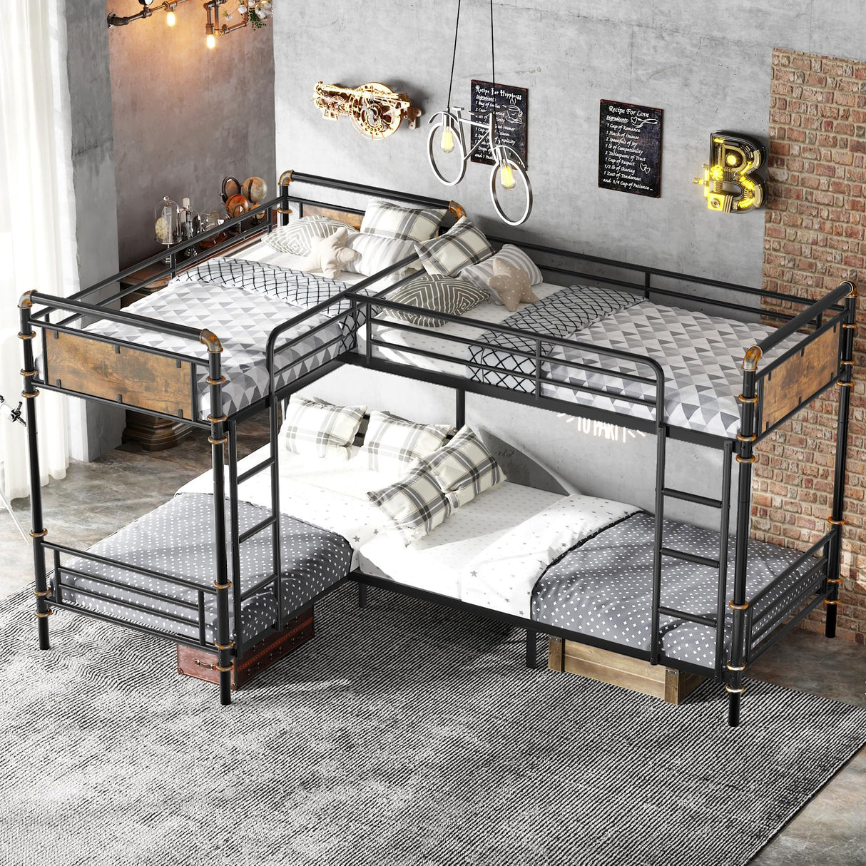 KEIKI Twin Over Twin Size Metal Detachable Quad Bunk Bed Frame with Ladders, MDF Headboard and Guardrail, for 4, L-Shaped Bunk Bed with Slats, No Box Spring Required, Easy Assembly, for Bedroom, Black KEIKI