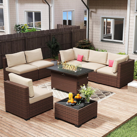 LHBcraft 8-Piece Outdoor Patio Furniture Set, Wicker Rattan Sectional Conversation Set with 50,000 BTU Propane Fire Pit Table for Garden and Patio,Brown LHBcraft
