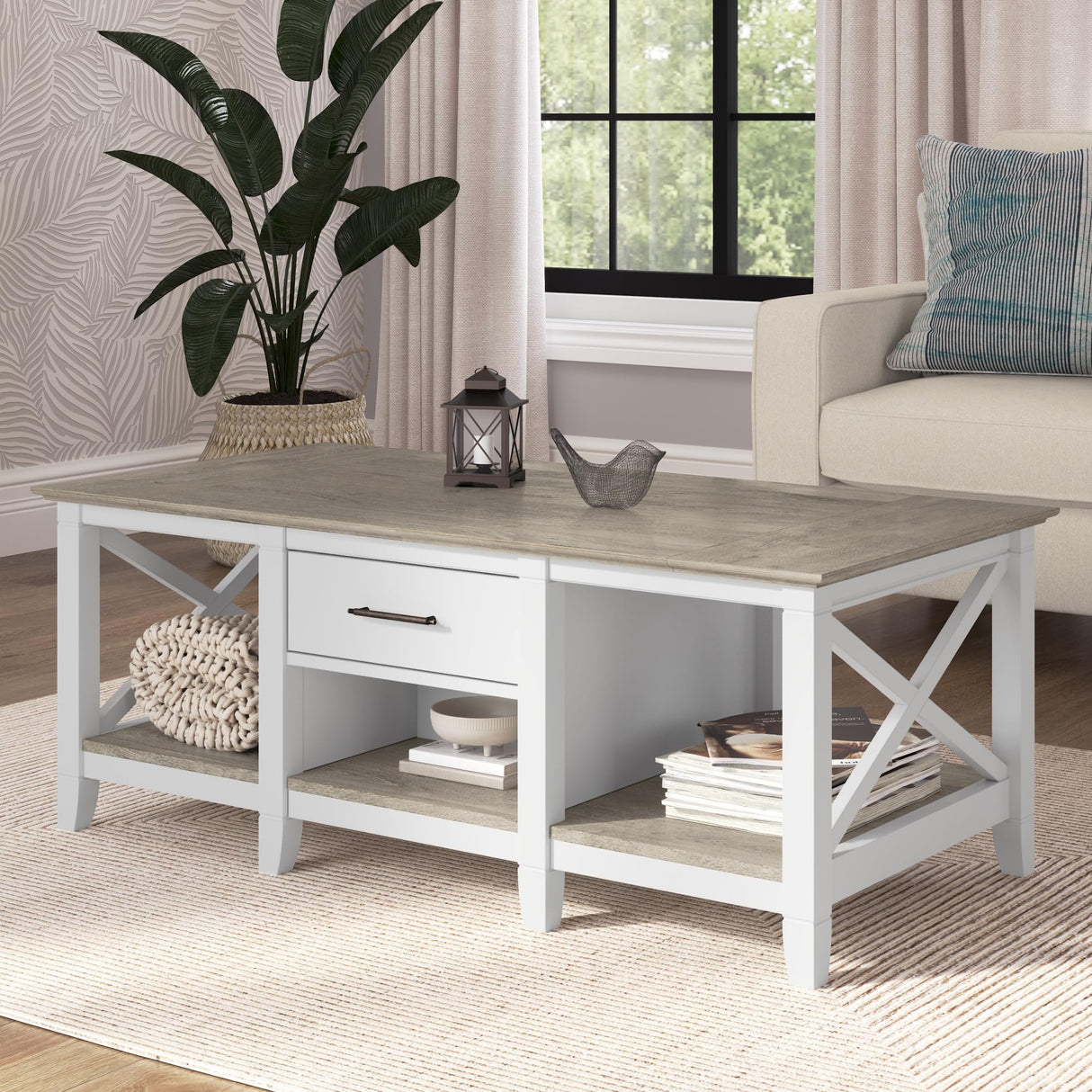 Key West 47.2 x 23.94-Inch Coffee Table, Shiplap Gray/Pure White Bush Business Furniture