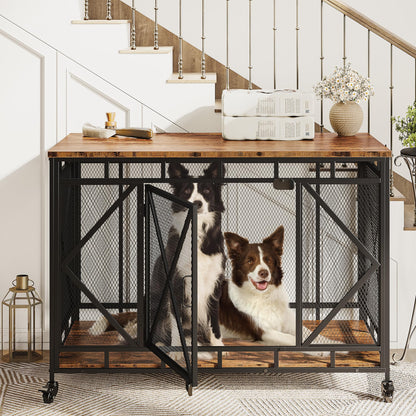 Dog Crate Furniture, 48 Inch Dog Crate for Large Medium Dogs, Wooden Dog Kennel Indoor End Table, Dog Cage Large Dogs with Wheels, Heavy Duty Dog Crate with Flip-Top (Brown) - WoodArtSupply