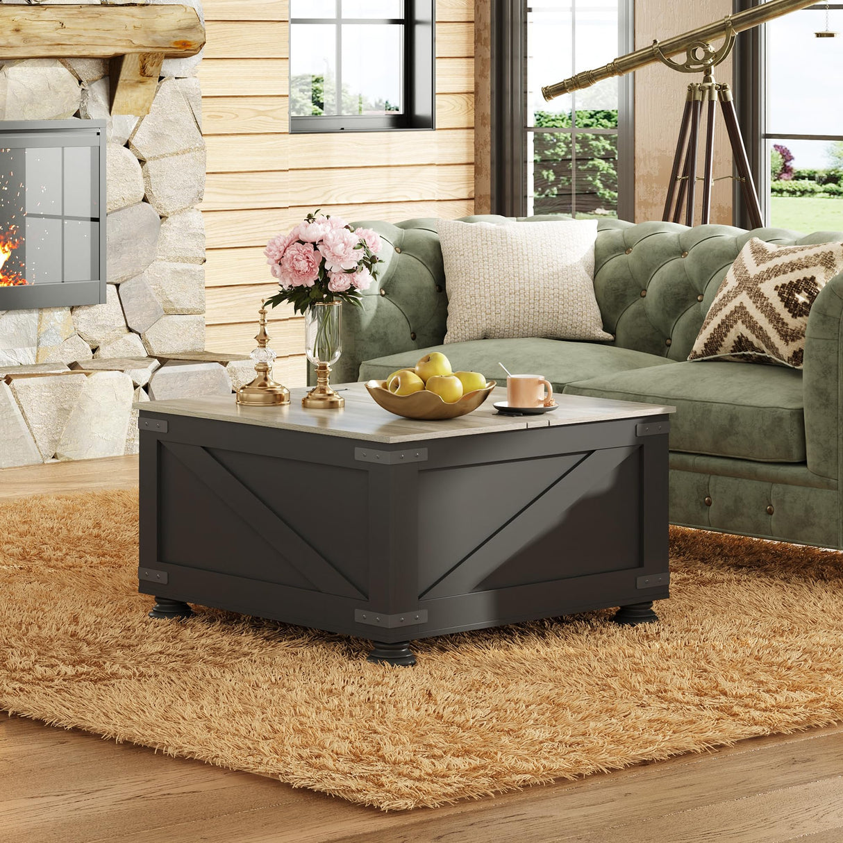 WLIVE Farmhouse Coffee Table,Square Wood Lift Top Coffee Table with Storage,Center Table for Living Room,Home Office,Black and Grey Oak WLIVE
