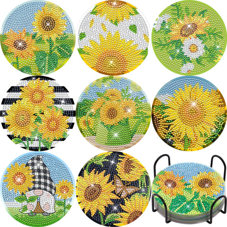 8 Pieces Sunflower Diamond Art Painting Coasters DIY 5D Full Drill Coasters Acrylic Round Cup Coaster with Holder Cork Pads for Spring Summer Party Home Decor DIY Crafts Augisteen