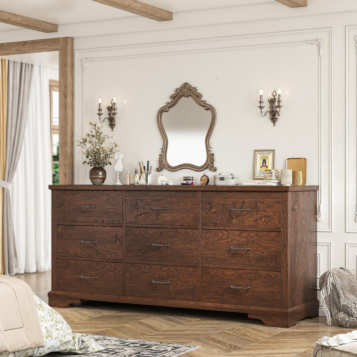 EnHomee 9 Drawers Dresser, 63" W Farmhouse Dressers for Bedroom Dressers with 9 Drawers, Solid Wood Dresser TV Stand with Large Metal Handle, Modern Wood Drawer Organizer for Closet (Rsutic Brown) EnHomee