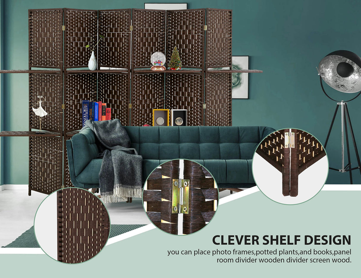 6 Panel Wood Room Dividers with Shelves Folding Privacy Screens Portable Partition Screen, 6 Ft Tall 5.7 Ft Wide Room Partitions and Dividers, Folding Privacy Wooden Screen with 2 Shelf Capacmkseh