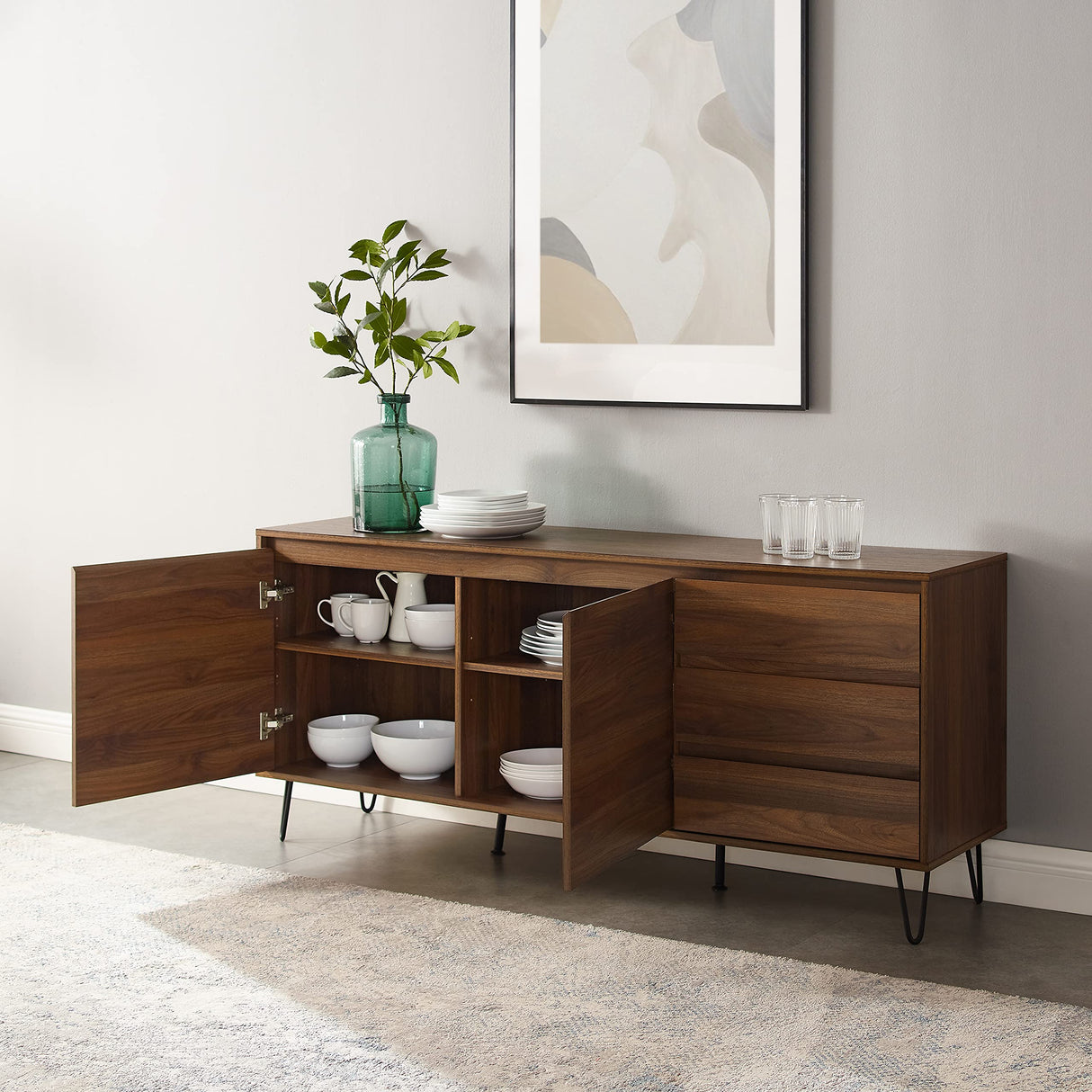 Crosley Furniture Teagan Mid Century Record Storage Sideboard Buffet Cabinet, Brown Oak Crosley Furniture