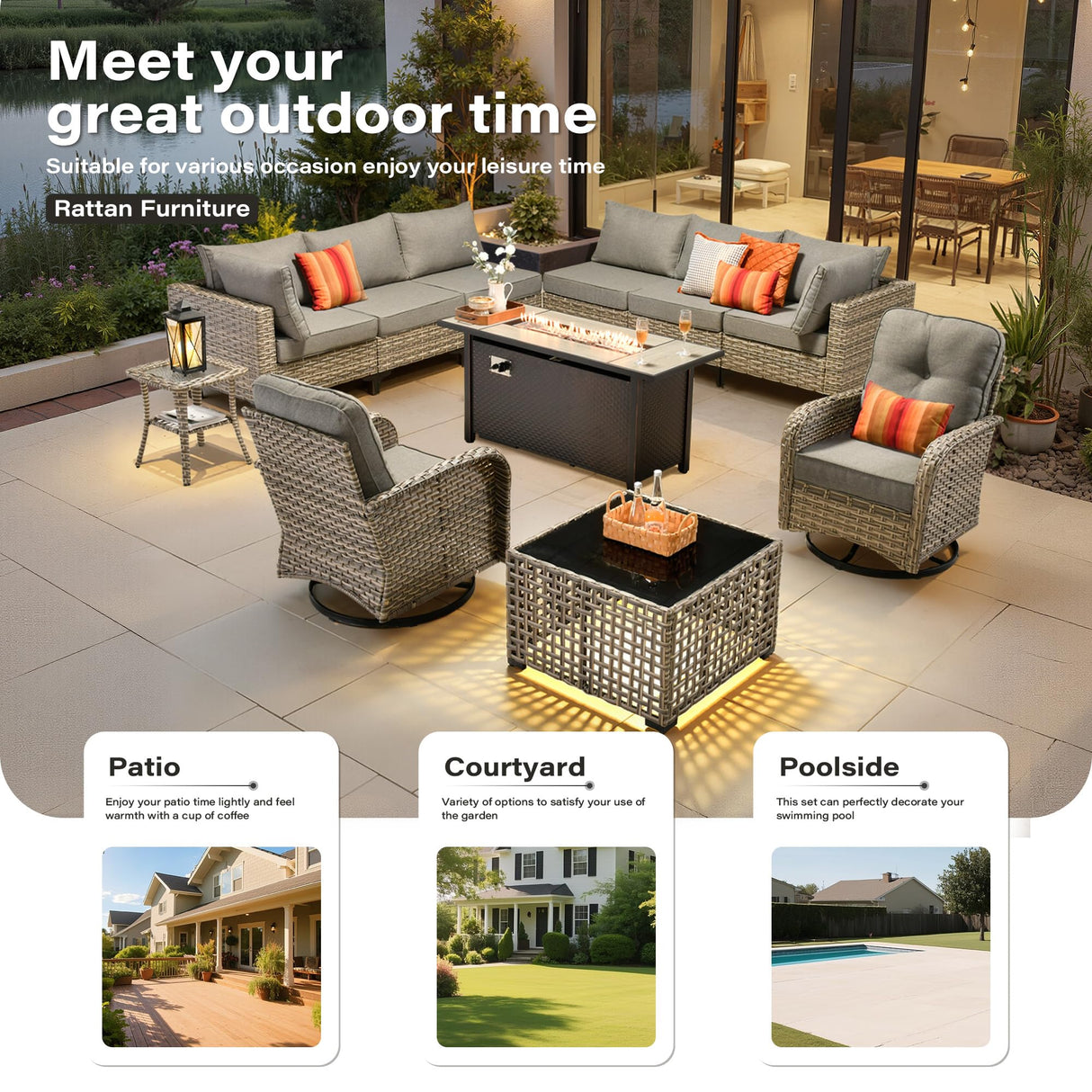 11 Pieces Outdoor Sectional Patio Furniture Set with 54" Fire Pit,Wicker Conversation Sets Rattan L Shaped Couch Swivel Rocking Chairs,Modular Outdoor Sofa for Porch Balcony Backyard Dark Grey ORMONO