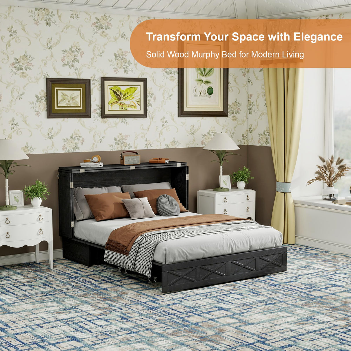 Solid Wood Murphy Bed Queen: Space Saving Retro Brown Black Murphy Bed Cabinet (Not Included Mattress) with USB Port, Solid Wood Wall Murphy Chest Queen with Large Drawer for Guest Room/Bedroom ClassyCabin