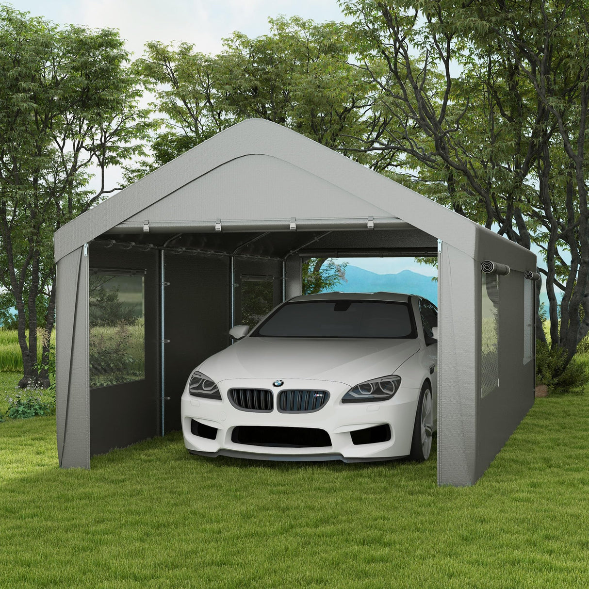 Outsunny Carport 10' x 20' Portable Garage, Heavy Duty Car Port Canopy with 2 Roll-up Doors & 4 Ventilated Windows for Car, Truck, Boat, Garden Tools, Gray Outsunny