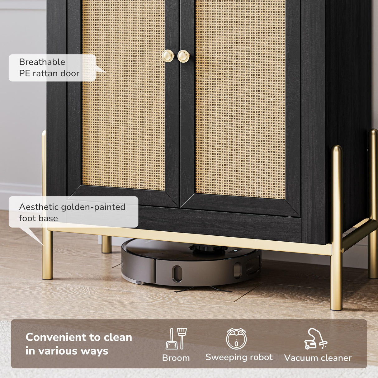 BELLEZE Set of 2 Storage Cabinet with Reeded Glass Doors, Arched Bookcase Decorated with Rattan Door, 65 Inch Freestanding Curio Cabinet for Home Living Room and Kitchen, Black BELLEZE