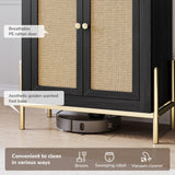 BELLEZE Set of 2 Storage Cabinet with Reeded Glass Doors, Arched Bookcase Decorated with Rattan Door, 65 Inch Freestanding Curio Cabinet for Home Living Room and Kitchen, Black BELLEZE